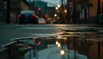 gocce di pioggia sfocatura città luci, riflettendo urbano orizzonte nel bagnato marciapiede generato di ai foto