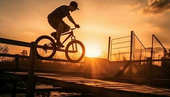 silhouette di un' motociclista Ciclismo a crepuscolo, godendo natura avventura generativo ai foto
