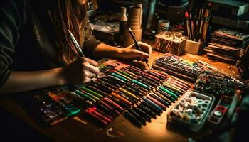 uno creativo artista, abilmente pittura con colorato pennello in casa generato di ai foto