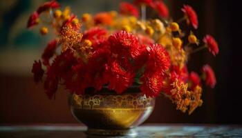rustico ceramica vaso detiene Multi colorato mazzo di fresco autunno fiori generato di ai foto