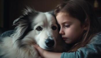 un' carino cucciolo e un' contento bambino Condividere un' amorevole abbraccio generato di ai foto