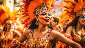 colorato brasiliano samba parata celebra tradizionale Festival con danza donne generato di ai foto