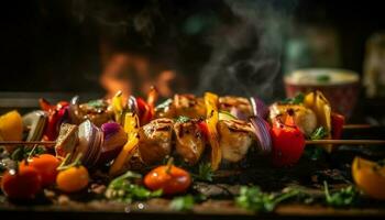 grigliato carne e verdure su spiedini, Perfetto estate picnic aperitivo generato di ai foto