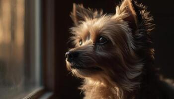 carino yorkshire terrier cucciolo seduta all'aperto, guardare a telecamera scherzosamente generato di ai foto