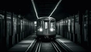 dentro il metropolitana treno, il buio città vita riflessa vecchio architettura generato di ai foto