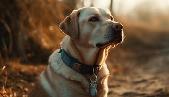 un' carino misto razza cane con animale domestico collare seduta nel natura generato di ai foto