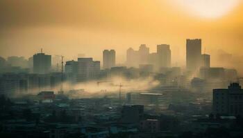 tramonto si illumina città orizzonte, inquinata con smog e traffico generato di ai foto