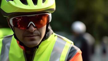 fiducioso ciclista nel gli sport casco gode all'aperto avventura con velocità generato di ai foto