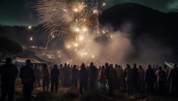 esplosivo fuochi d'artificio leggero su il notte cielo, accensione estate gioia generato di ai foto