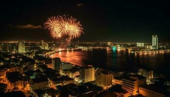 fuochi d'artificio Ignite città orizzonte, illuminante famoso punti di riferimento nel vivace colori generato di ai foto