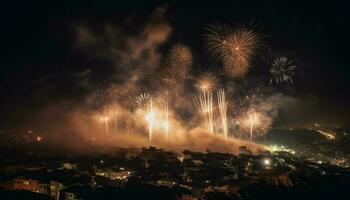 esplosivo fuoco d'artificio Schermo si accende città orizzonte nel vivace celebrazione generato di ai foto