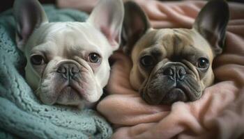 un' coccolati francese bulldog e inglese bulldog paio addormentato insieme generato di ai foto