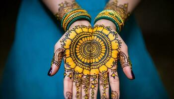 giovane indù sposa indossa ornato Multi colorato gioielleria per nozze fascino generato di ai foto