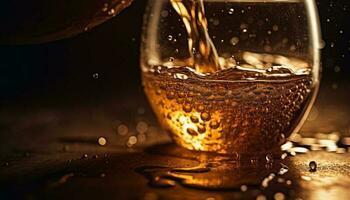 liquido oro scrosciante in bicchiere, rinfrescante bevanda generato di ai foto