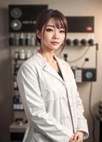 foto di bellissimo asiatico donna nel bianca laboratorio cappotto, generativo ai