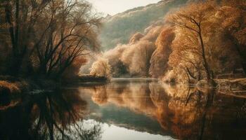 tranquillo autunno foresta riflette nel calma acqua generato di ai foto