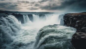 maestoso cascata fluente al di sopra di roccioso scogliera bordo generato di ai foto