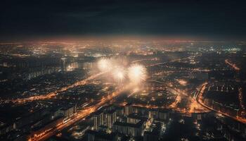 raggiante città orizzonte si accende con fuoco d'artificio Schermo generato di ai foto