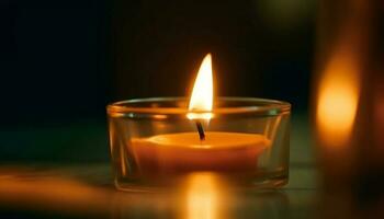 raggiante candela si illumina tranquillo, calmo, romantico notte in casa generato di ai foto