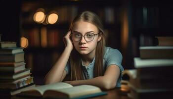 giovane adulto studiando letteratura in casa a biblioteca generato di ai foto
