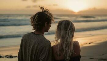 giovane coppia abbraccia a tramonto su spiaggia generato di ai foto
