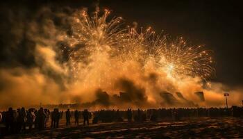 esplosivo fuochi d'artificio leggero su il notte cielo generato di ai foto