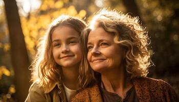 famiglia bonding nel natura, godendo autunno insieme generato di ai foto