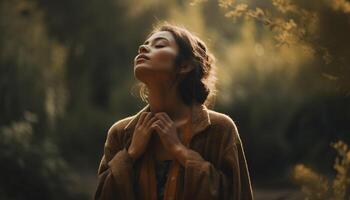 giovane donna gode natura bellezza, Meditare pacificamente generato di ai foto