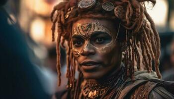giovane africano donna nel tradizionale capi di abbigliamento sorridente all'aperto generato di ai foto