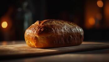 appena al forno Ciabatta su rustico di legno tavolo generato di ai foto