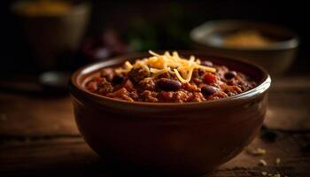 rustico ciotola di fatti in casa vegetariano chili stufato generato di ai foto