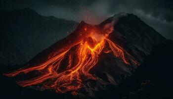 eruzione montagna picco, ardente inferno avventura attende generato di ai foto