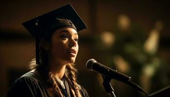 giovane donna ottiene successo su la laurea giorno generato di ai foto