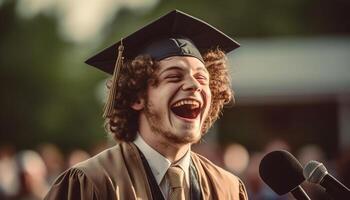 uno riuscito giovane adulto Tenere diploma all'aperto generato di ai foto