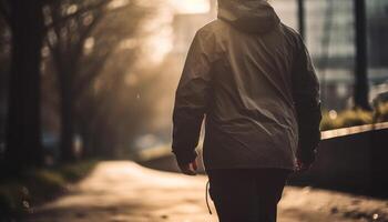 atleta jogging nel autunno natura, incappucciato camicia generato di ai foto