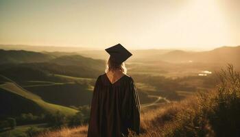 giovane donna sta nel la laurea abito, sorridente generato di ai foto