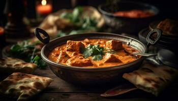 salutare fatti in casa pasto Manzo curry con naan generato di ai foto