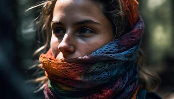 giovane donna nel foulard sorridente all'aperto felicemente generato di ai foto