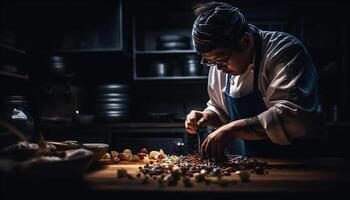 uno uomo preparazione fatti in casa dolce nel cucina generato di ai foto