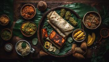 buongustaio Manzo taco su di legno tavolo con guacamole generato di ai foto