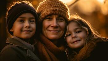 sorridente famiglia abbraccia calore nel inverno notte generato di ai foto