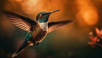 colibrì in bilico, diffusione iridescente Ali nel natura generato di ai foto