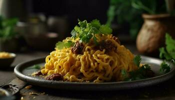 salutare pasto cucinato con fresco carne e verdure generato di ai foto