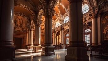 maestoso Gotico basilica illuminato a notte generato di ai foto