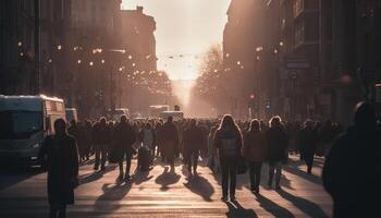 grande gruppo a piedi nel affollato città strada generato di ai foto