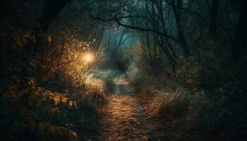 misterioso nebbia sudari spaventoso autunno foresta sentiero generato di ai foto