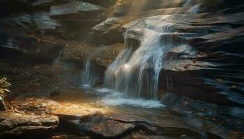 fluente acqua cascate al di sopra di rocce nel foresta generato di ai foto