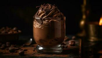 buio cioccolato dolce su di legno tavolo indulgenza generato di ai foto