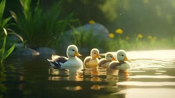 un' miniatura scena Caratteristiche un' sereno lago dove un' famiglia di miniatura anatre nuotare insieme incarnando il bellezza di unità e la tranquillità ai generato foto