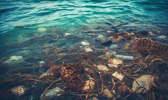 ai generativo. inquinamento di oceano acqua di plastica detriti e spazzatura foto